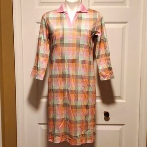 Lands' End Women's Multi Pink Gingham Collared 3/4 Sleeve Shift Dress - S (6-8)